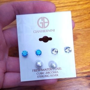 GIANI BERNINI 3PC Set Cultured Freshwater Pearl White Topaz Cubic Zirconia Studs